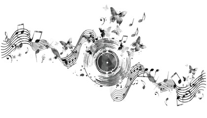 LP vinyl record disc with musical notes stave and butterflies for concert events, music festivals and shows, party flyers, invitations. Black and white music poster for club. Vector illustration  © abstract