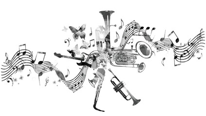 Musical instruments bundle with musical notes isolated. Black and white vector illustration. Instruments collection poster for live concert events, music festivals and shows, performance, party flyer	 - 546420491