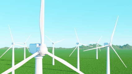 3d rendering of wind farm with wind turbine in the foreground and grass and mountains in the background, sustainable energy.