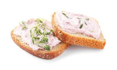 Tasty sandwiches with cream cheese and thyme isolated on white