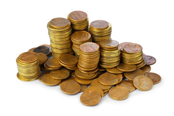 Stacks of different coins on white background