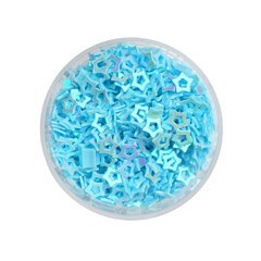Light blue sequins in shape of stars on white background, top view
