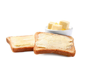 Tasty toasts with butter and knife on white background