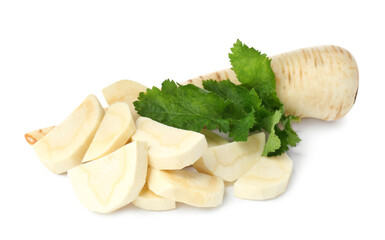 Tasty fresh ripe parsnips on white background