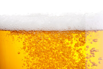 Tasty beer with foam in glass, closeup