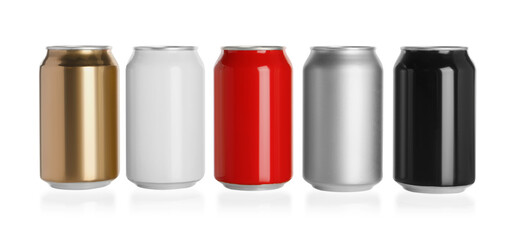 Set of aluminum cans with drinks on white background