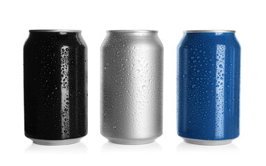Aluminum cans with water drops on white background. Mockup for design - obrazy, fototapety, plakaty