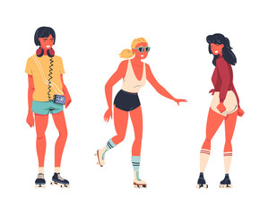 Retro Dressed Woman Roller Skater in Shorts Roller Skating and Smiling Vector Set