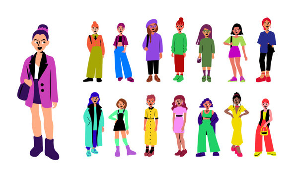 Group of modern young women wearing trendy aesthetic clothes. Minimal hand drawn flat cartoon style colorful female characters. 