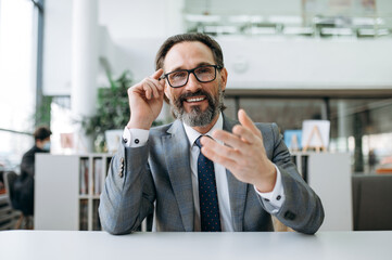 Happy grey-haired male manager on video conference with coworkers, discussing corporate project....