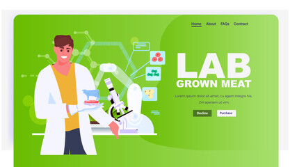 scientist analyzing cultured red raw meat made from animal cells artificial lab grown meat production concept horizontal