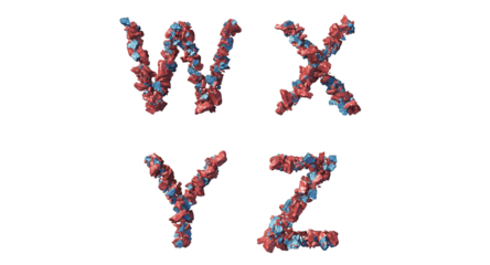 Metallic abstract rocks blue and red arranged in english w,x,y,z,