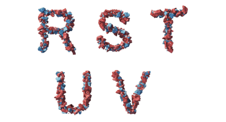 Metallic abstract rocks blue and red arranged in english r,s,t,u,v