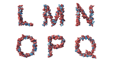 Metallic abstract rocks blue and red arranged in english letters l,m,n,o,p,q