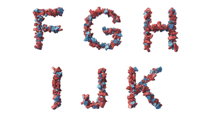 Metallic abstract rocks blue and red arranged in english letters f,g,h,i,j,k
