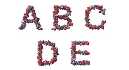 Metallic abstract rocks blue and red arranged in english letters a,b,c,d,e