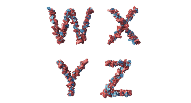 Metallic abstract rocks blue and red arranged in english w,x,y,z,