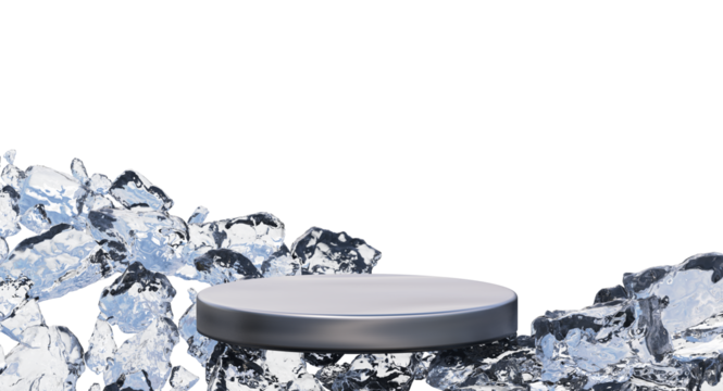 Silver circles stand showcase surrounded by ice chunks