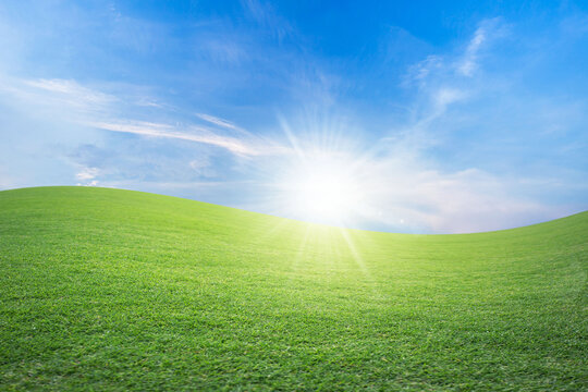 green field and blue sky with light clouds,Image of green grass field and bright blue sky