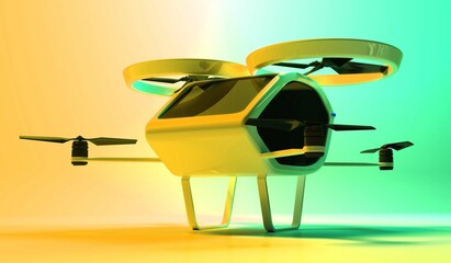 Flying car. Autonomous driverless car. Futuristic intelligent vehicle. Automotive technology. Flying futuristic car. Transport of the future. 3D Rendering.