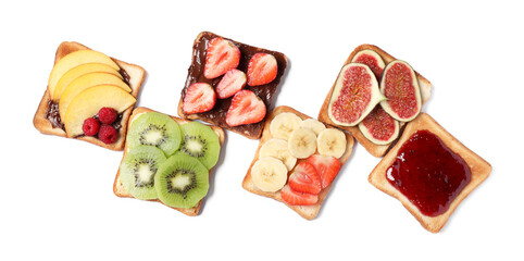 Tasty toasts with different spreads and fruits on white background, top view