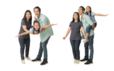 Happy asian family of father, mother and daughter hug spread out your arms, isolated on white background