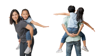 Happy asian family of father, mother and daughter hug spread out your arms, isolated on white background