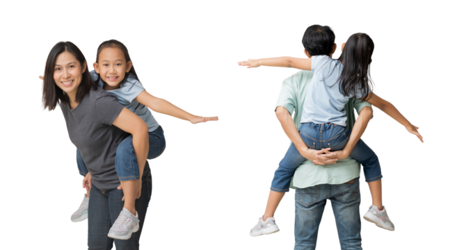 Happy asian family of father, mother and daughter hug spread out your arms, isolated on white background