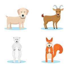domestic animals set in cartoon style isolated on white background. Vector illustration. Cute animals collection: dog, goat, squirrel, polar bear
