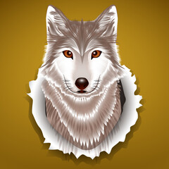 Wolf animal face. Scary grey wolf head. Realistic fur gray wild wolf portrait on yellow background.