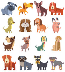 Cute funny cartoon with different dog vector puppy pet characters collection. Furry human friends home animals