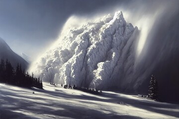 massive snow avalanche destroyed a mountain and made wall of ice. Powerful avalanches walls around high-altitude areas because of increase in snowfall. A winter snowy landscape with sunlight in winter