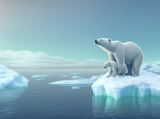 Naklejka na ściany i meble An arctic iceberg is pictured above a polar bear mother with cubs. Floating icebergs are caused by climate change and melting glaciers, which are natural disasters. 3D rendering.