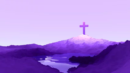 Papier Peint photo Violet light purple cross landscape water christian religion