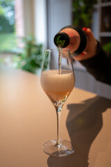 Tasting of rose champagne sparkling wine produced by traditional method in underground caves in Champagne, France