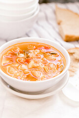 Italian tomato soup in a white bowl