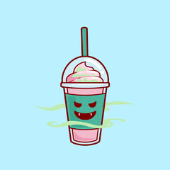 evil vampire strawberry smoothies milkshake juice with ice cream topping illustration vector cartoon character. brain freeze strawberry milkshake