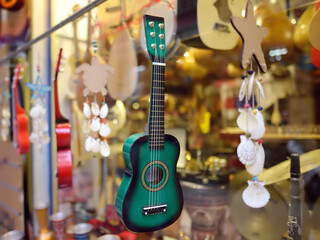 View of music store. Musical instruments for professional and beginner musician. Hobby.