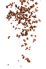 Pouring aromatic instant coffee on white background