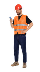 Man in reflective uniform with smartphone on white background