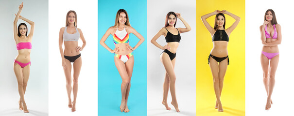 Fototapeta premium Collage with photos of women wearing bikini on different color backgrounds. Banner design