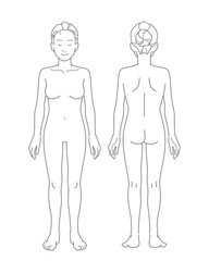 標準体型の女性の全身図（裸体・髪の毛あり・前面背面セット）