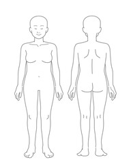 ぽっちゃり体型の女性の全身図（裸体・髪の毛なし・前面背面セット）