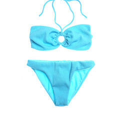 Sky blue swimsuit front on white background, swimming costume, bikini colorful 