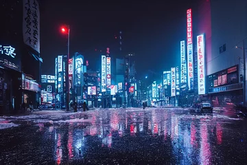 Photo sur Plexiglas Tokyo colorful Nighttime cyberpunk city illustration. A night of the neon street at the downtown wallpaper. AI generated