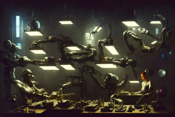 3d abstract render of machines fixing other machines in a workshop of the gloomy dystopian cyber future AI cyborgs