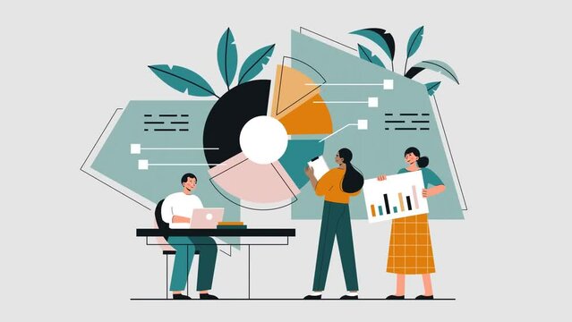 Group of business people. Moving team of financial advisors or accountants analyzes statistic and develop corporate budget plan. Increasing profits and achieving success. Flat graphic animated cartoon