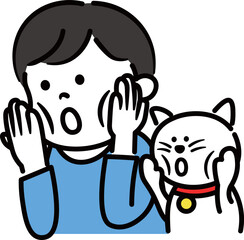 驚いている男の子とペットの猫のイラスト素材