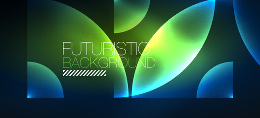 Shiny neon geometric abstract background. Glowing lights on round shapes, triangles and circles. Wallpaper for concept of AI technology, blockchain, communication, 5G, science, business