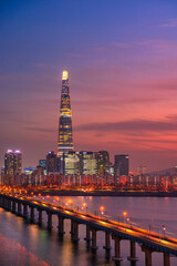 Night view of Lotte tower and Han river